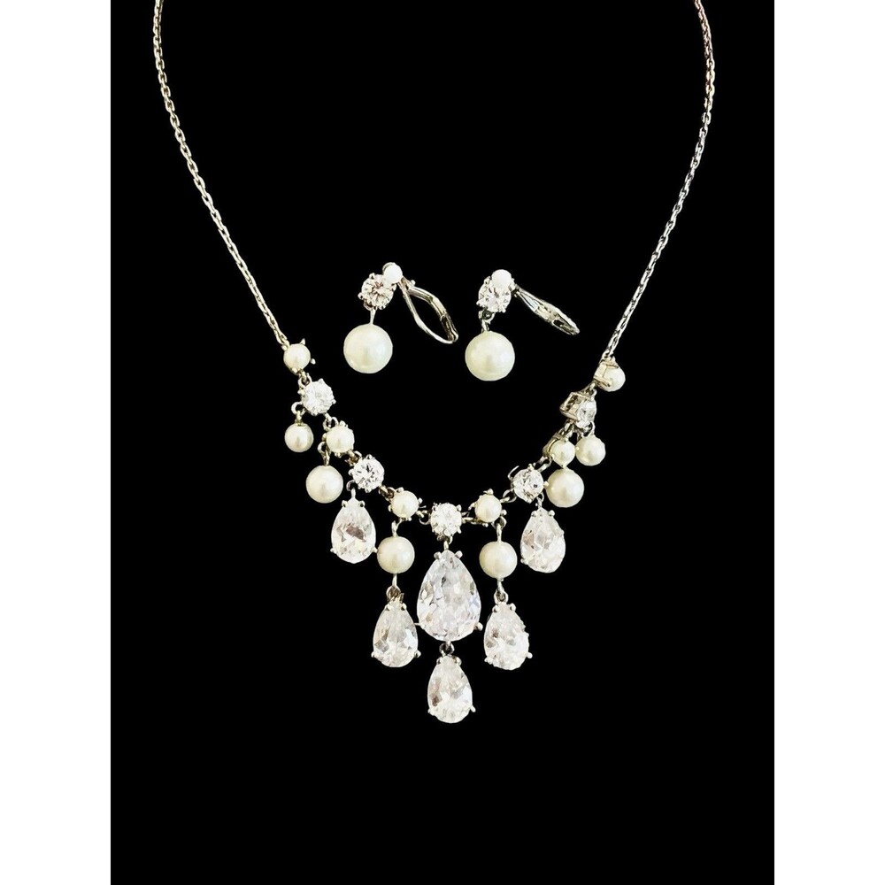 Givenchy Faux Pearl & Cubic Zirconia Necklace Earrings Set Silver Tone